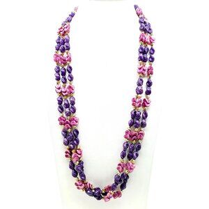 Vintage Multi-Strand Purple & Pink Bead Necklace with Golden Accents